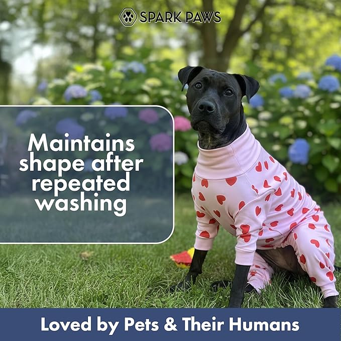 Spark Paws Dog Pajama, Dog Recovery Suit Male, Onesie, Ultra-Soft and 4-Way Stretch, for Small Medium and Large Breeds - Pink Hearts - L