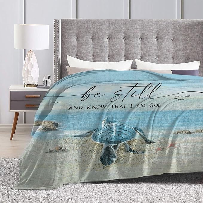 Beach Turtle Blanket Sea Turtle Decor Throw Blanket Be Still and Know That I Am God Christian Blanket Gifts for Men Women Warm Soft Plush Fleece Flannel Blanket Bedding Blanket for Kids Adults 80"X60"
