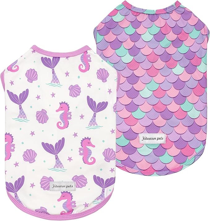 Fitwarm 2 Pack Mermaid & Scale UPF 50+ UV Sun Protection Dog Shirt, Lightweight Cooling Vest, Quick Dry Summer Clothes for Small Dogs Girl, Pet Outfit, Purple, Pink, White, Small
