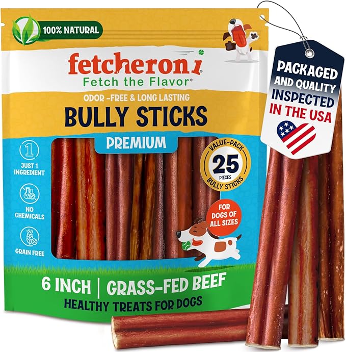 Odor-Free Bully Sticks (6 Inch, 25 Pack), 1 lb. Bag, Fully Digestible 100% Beef Pizzle Chews, Grass-Fed, Non-GMO, Grain-Free, Natural Long-Lasting Chews for Small & Large Dogs
