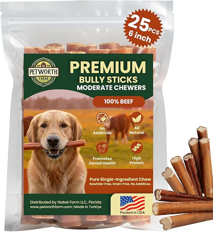 25 Pack 6 Inch Standard Bully Sticks for Medium to Large Dogs – 100% Beef Pizzle, Single Ingredient Rawhide-Free Dental Chews, Long Lasting Natural Dog Treats for Dogs