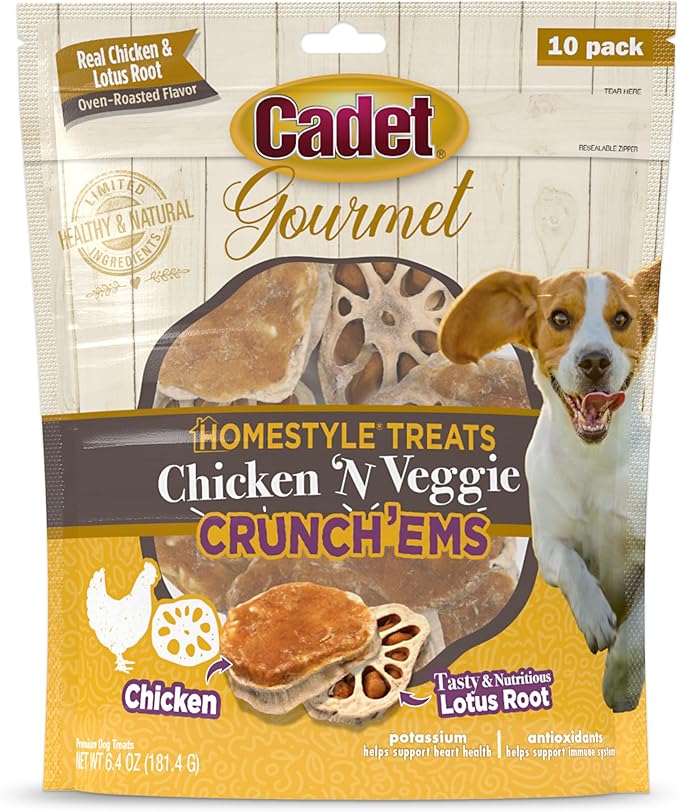 Cadet Gourmet Crunch'ems Homestyle Dog Treats, Natural Dog Chews with Real Chicken and Lotus Root, Chicken 'N Veggie Flavor, 10 Count (Pack of 1)
