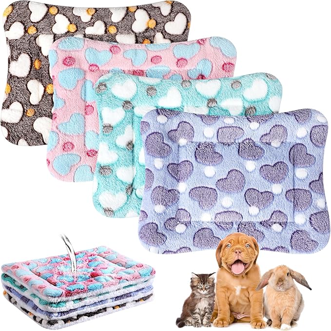 Haull 4 Pcs Waterproof Guinea Pig Bedding Guinea Pig Bed Plush Cage Liners Soft Rabbit Dog Crate Pad Cat Mat Reversible Cozy Animal Pee Pad Hamster Bunny Mat Accessory(Heart,13 x 18.5 Inch)