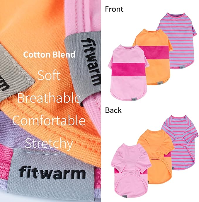 Fitwarm 3 Pack Color Block Striped Dog Shirt, Summer Dog Clothes for Small Dogs, Breathable Lightweight Dog Tshirt, Pet Outfit, Pink, Orange, Purple, XXL