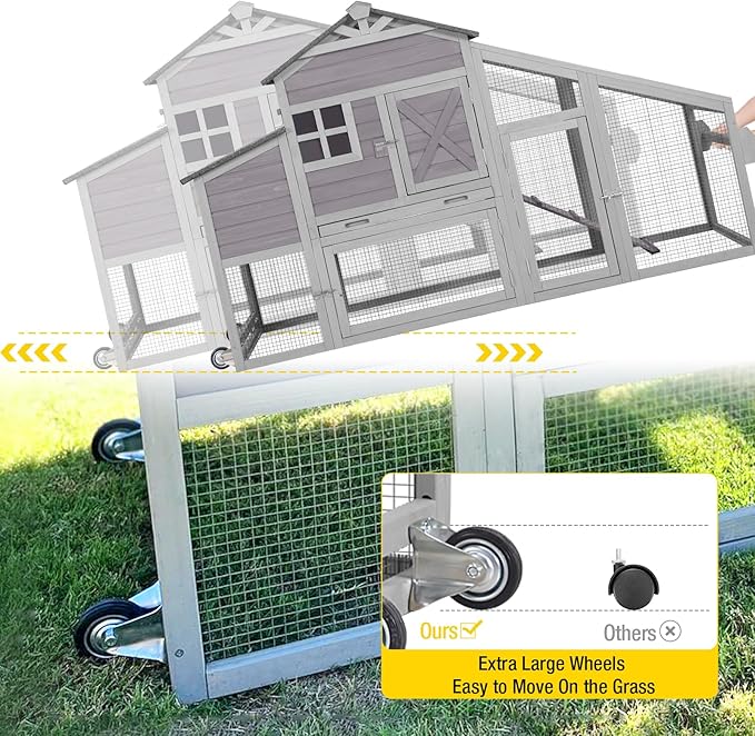 Aivituvin Chicken Coop Mobile Chicken House on Wheels Expandable Wooden Poultry Cage with Large Nesting Box Leakproof Pull-Out Tray Rabbit Hutch Bunny Cage,UV-Resistant Roof (Grey，AIR32)