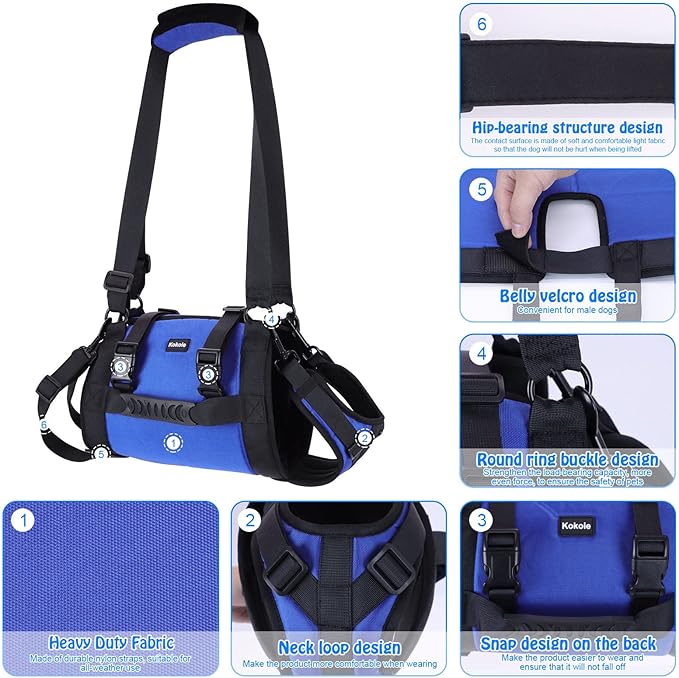 Dog Carry Sling, Emergency Backpack Pet Legs Support & Rehabilitation Dog Lift Harness for Large Dogs, Dog Carrier for Senior Dogs Joint Injuries, Arthritis, Up and Down Stairs (Blue, L)