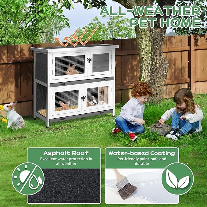 2 Story Solid Wood Rabbit/Bunny Hutch with 2 Large Main Rooms, Indoor Outdoor Rabbit House Guinea Pig Cage Pet House for Small Animals with Ventilation Door Removable Tray Waterproof Roof (Grey)