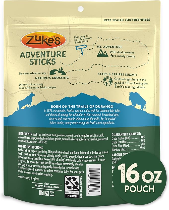 Zukes Adventure Sticks Beef and Bison Dog Treats, Natural Dog Treat Sticks - 16 oz. Pouch