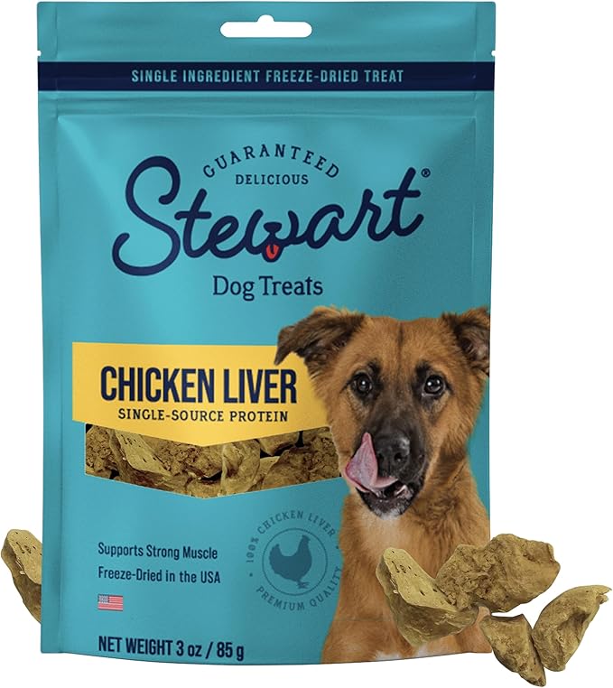 Stewart Chicken Liver Dog Treats, 3 oz, ~55 Pieces, Freeze Dried Raw, Single Ingredient, 60% Protein Training Treats or Meal Topper in a Resealable Pouch, Grain Free, Gluten Free