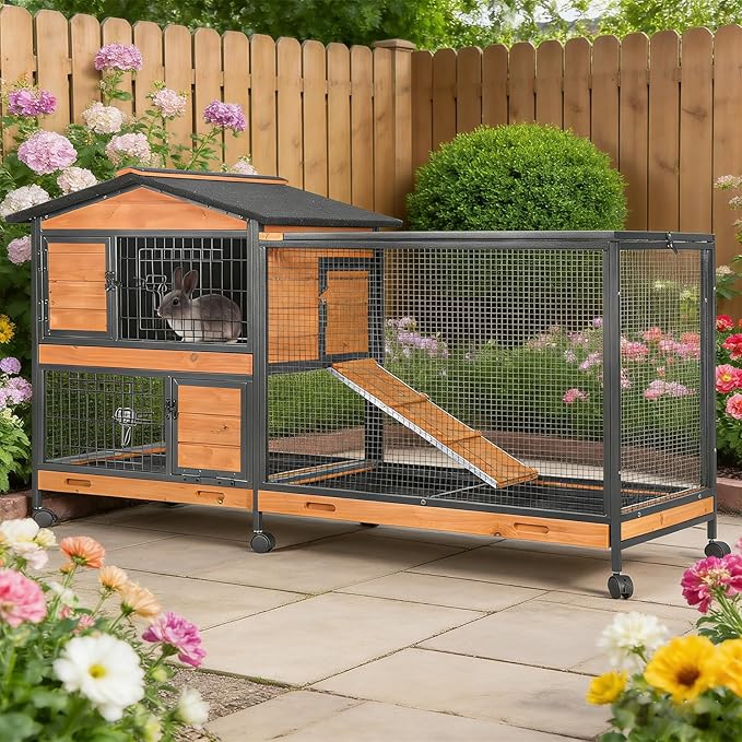 Large Rabbit Hutch Indoor Outdoor, Wooden Rabbit Cage with Chewproof Metal Frame, 62'' Mobile Bunny Cage with Wheels, Pull-Out Tray, Waterproof Roof, Guinea Pig Habitat (Orange)