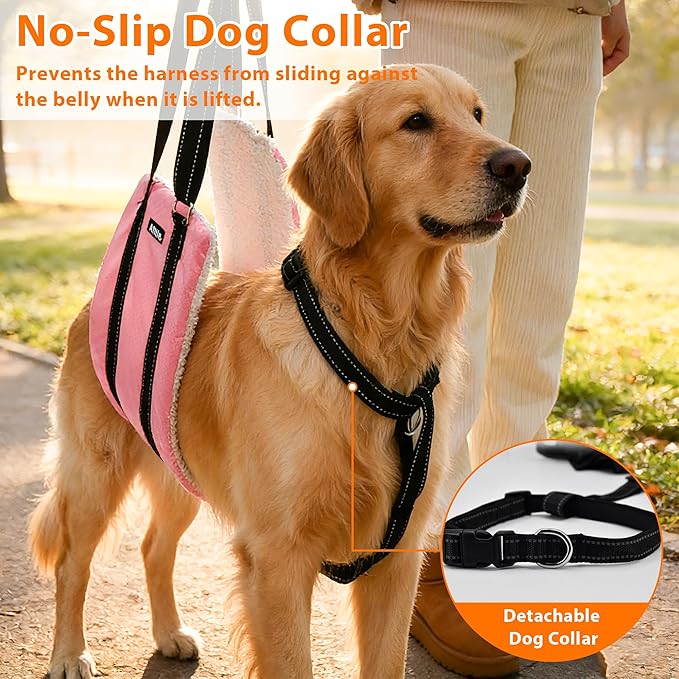 AIITLE Dog Sling Carrier with Detachable Collar - Adjustable Anti-Slip Reflective Dog Lift Harness with Comfort Handle for Senior Dogs, Hind Leg Weakness, Hip Dysplasia, ACL Surgery (Pink, M)