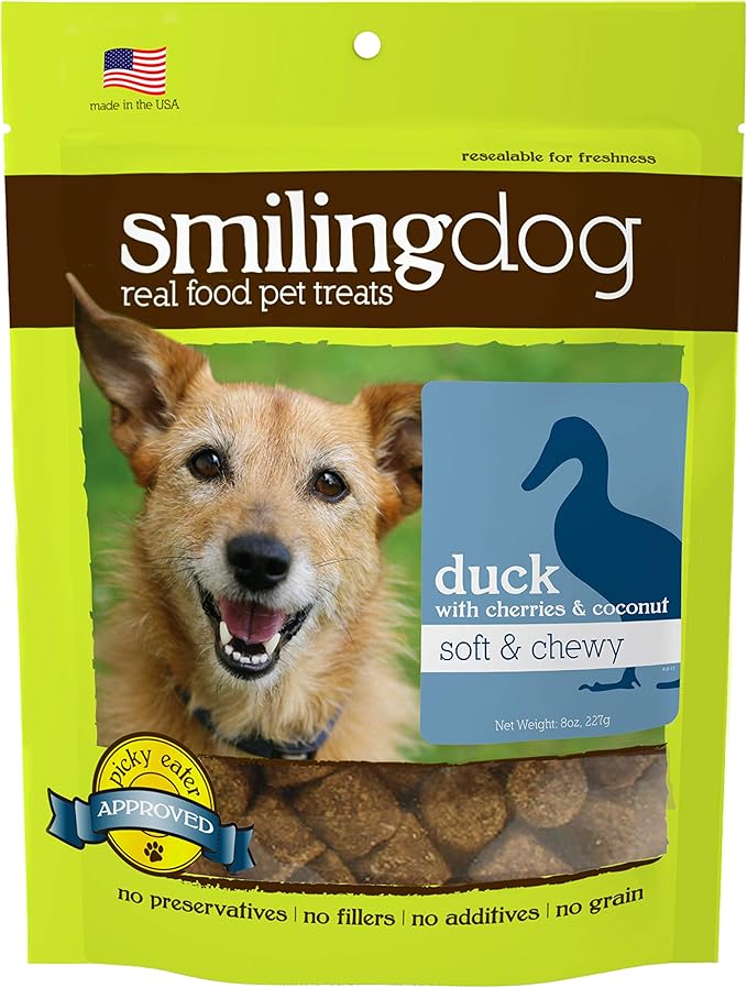 Herbsmith Smiling Dog Treats - Soft and Chewy Dog Treats for Senior Dogs – Dog Training Treats - Soft Duck Dog Treats with Cherries & Coconut - 8 oz