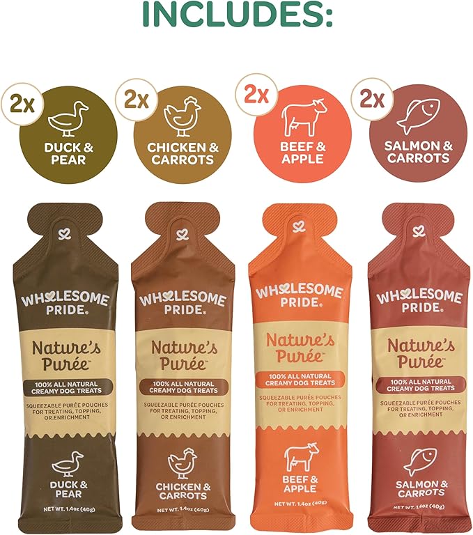 Wholesome Pride Nature’s Purée Creamy Dog Treats, Squeezable Lickable Treat & Topper, 1.4 oz Pouches, 8-Count, 4-Flavor Variety Pack