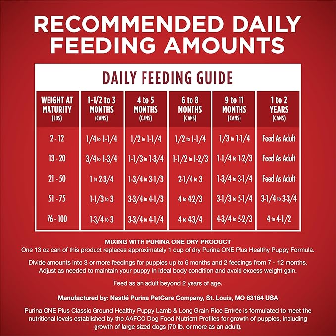 Purina ONE Plus Wet Puppy Food Classic Ground Healthy Puppy Lamb and Long Grain Rice Entree - (Pack of 24) 13 oz. Cans