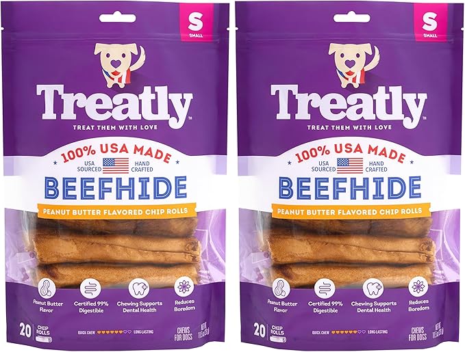 USA Beefhide Chip Rolls 5-6" Dog Chew Treats - Peanut Butter Flavor, 20 Count/2 Pack