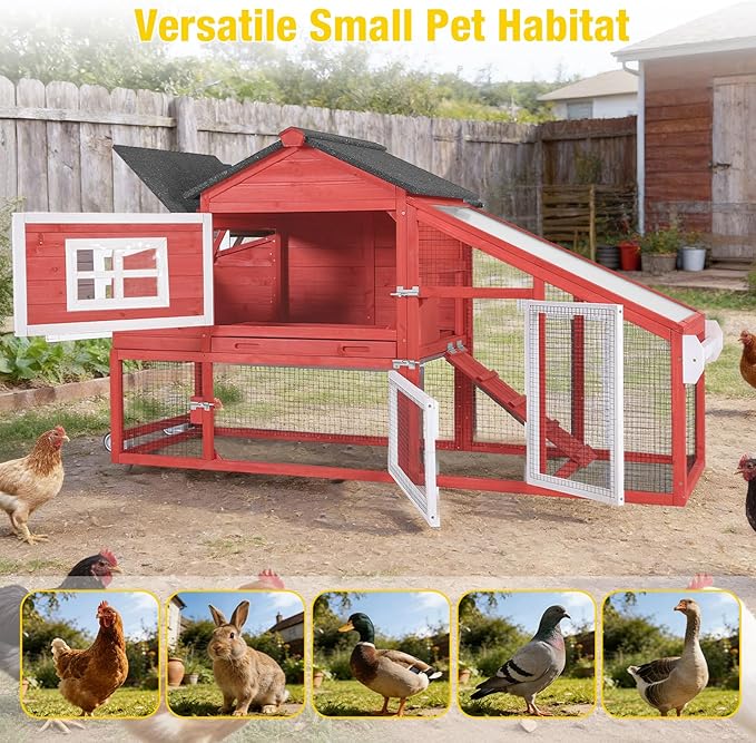 Aivituvin Chicken Coop Expandable Mobile Chicken House for Outdoor with Wheels, Nesting Box, Leakproof Pull-on Tray and UV-Resistant Roof Panel (Red, AIR23)