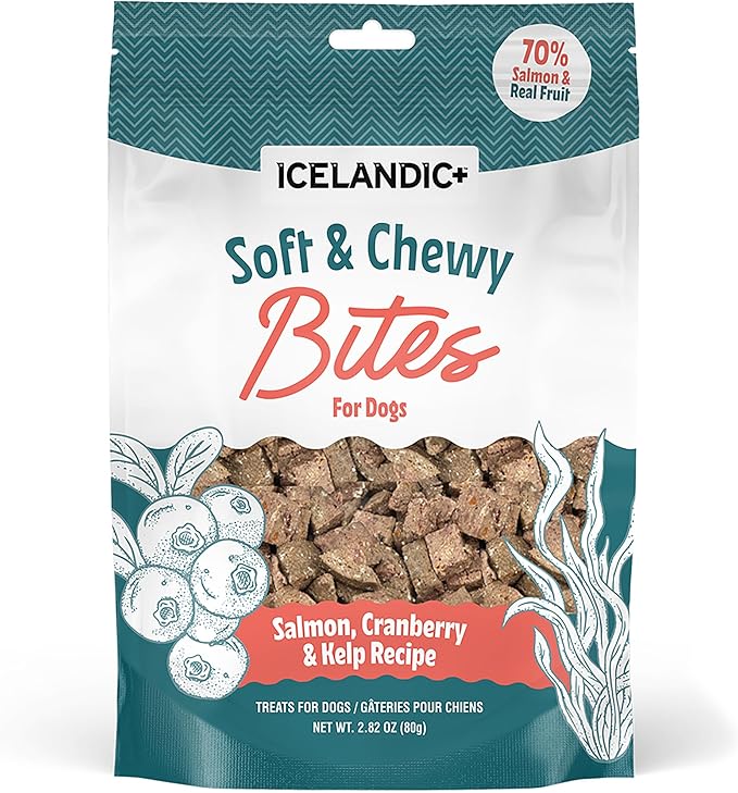 Icelandic+ Soft & Chewy Bites - Salmon, Cranberry & Kelp - 2.8oz Dog Treats, 70% Meat & Fruit, Air-Dried, Limited Ingredients, Pet Snack, Grain Free