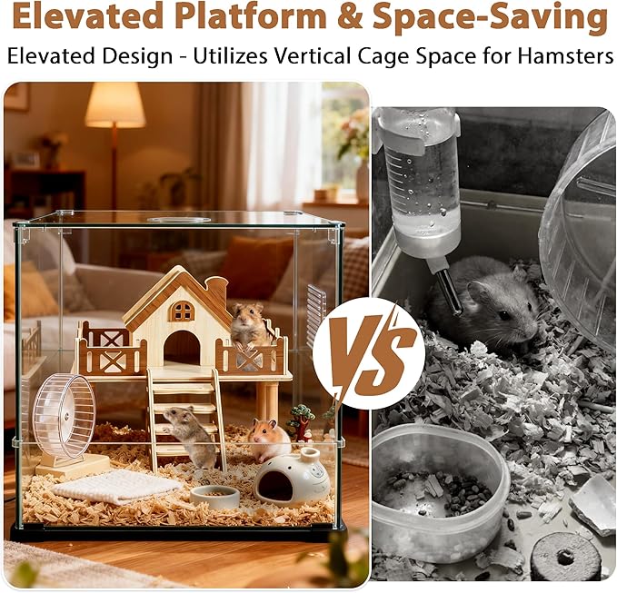 Wooden Hamster Platform and Dwarf Hamster House, Hamster Cage Platform With Climbing Ladder, Cute Syrian Hamster Hideout, Hamster Cage Accessories Platform for Putting Food Bowl, Hamster Gerbil Castle
