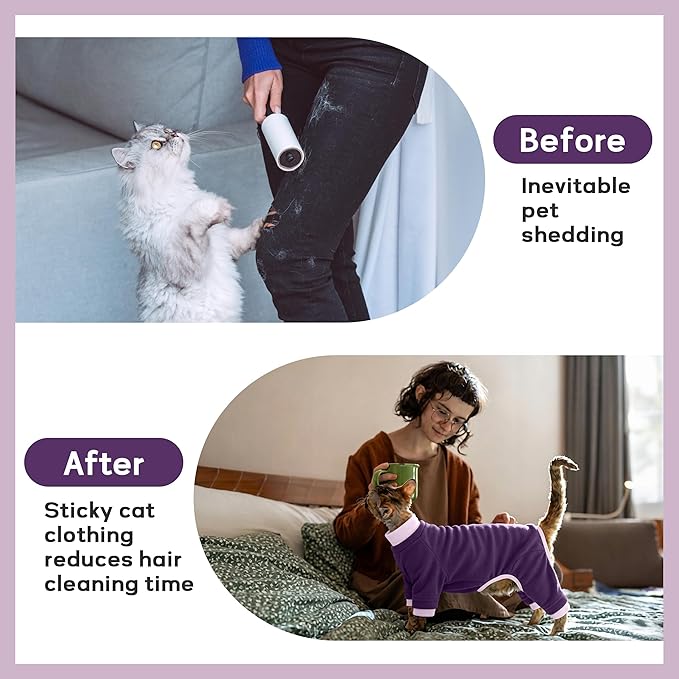 PUMYPOREITY Cat Hair Sticky Shirt – Breathable & Lightweight, Reduces Shedding Fur Pajamas, Prevents Licking Wounds After Surgery, Purple, M