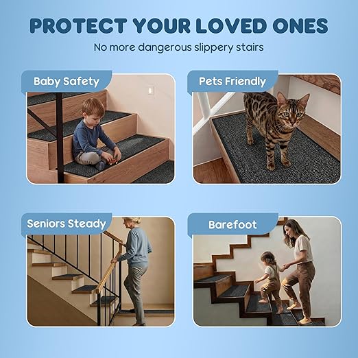 GOYLSER Peel and Stick Adhesive Stair Treads for Wooden Steps Indoor Set of 15 Pack, Rubber Backed Non Slip Jute Stair Rug Step Pads for Pet Dog, Elders and Kids, Black