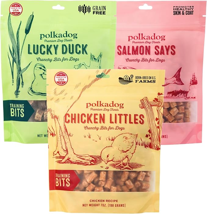 Polkadog Crunchy Training Bits Variety 3 Pack - Chicken Littles, Lucky Duck, Salmon Says, All Natural, Limited Ingredient, Training Treats for Dogs, Great for Allergies, Handcrafted in USA - 7oz (3pk)