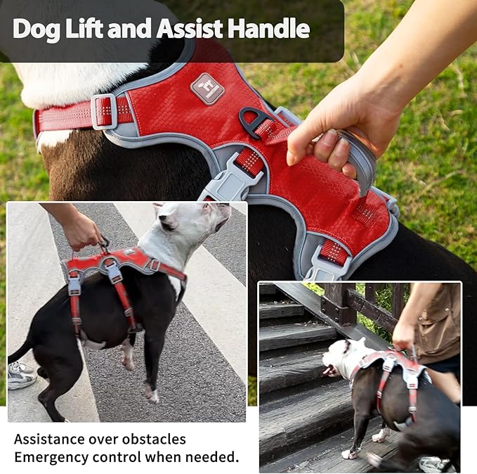 Huntboo Escape Proof Dog Harness, Escape Artist Harness, Reflective Harness with Padded Handle, Breathable, Durable, Adjustable Vest for Medium Dogs Walking, Training, and Running Gear (Red, M)