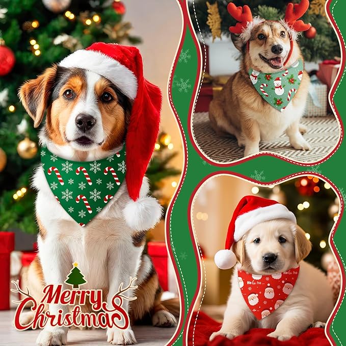 Shyyween 100 Pcs Christmas Dog Bandanas Bulk Xmas Santa Snowflakes Bandanas Adjustable Soft Bibs Triangle for Small Medium Large Pets Holiday Party Costume