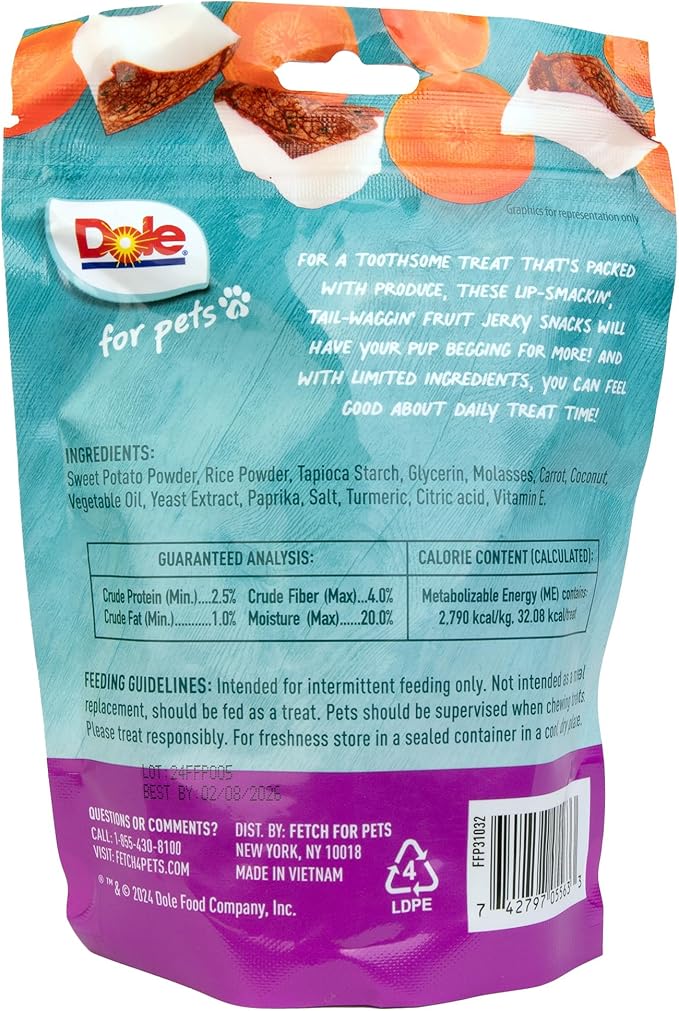 Dole for Pets Fruit Jerky Bites Dog Treats, Carrot and Coconut Flavor, Chewy Treats Flavored with Real Fruit and Vegetables, No Wheat, Corn, Soy, Artificial Flavors, Colors, or Preservatives, 6 Oz