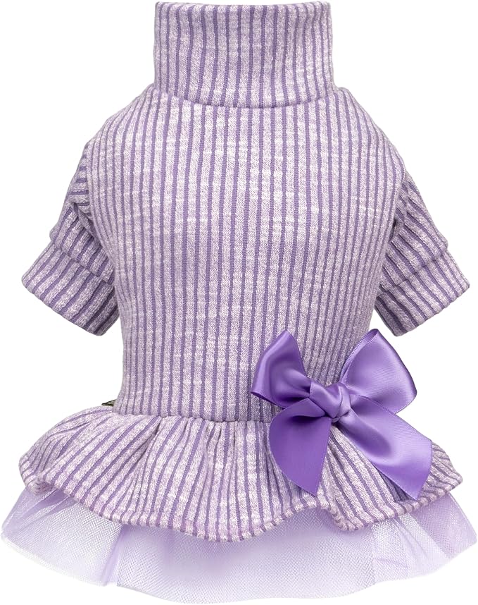 Fitwarm Collared Neck Tulle Dog Dress, Cozy Winter Clothes for Small Dogs Girl, Pet Outfits, Purple, Medium