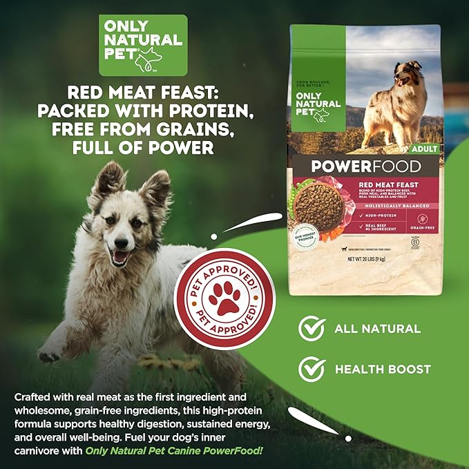 Only Natural Pet Dry Dog Food Canine PowerFood Formula - Paleo Inspired Formula with No Grain, Soy, Corn, Wheat or Oats - Red Meat Feast 20 lb Bag