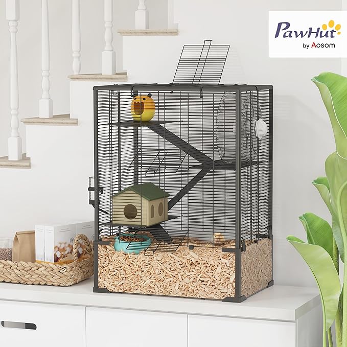 PawHut Large Hamster Cage with 9" Deep Tempered Glass Bottom, 4 Tiers Hamster Tank with Running Wheel, Hut, Water Bottle, Dish, Rat Cage for Syrian, Dwarf, Gerbils, Mouse, 24" x 16" x 31.5", Black
