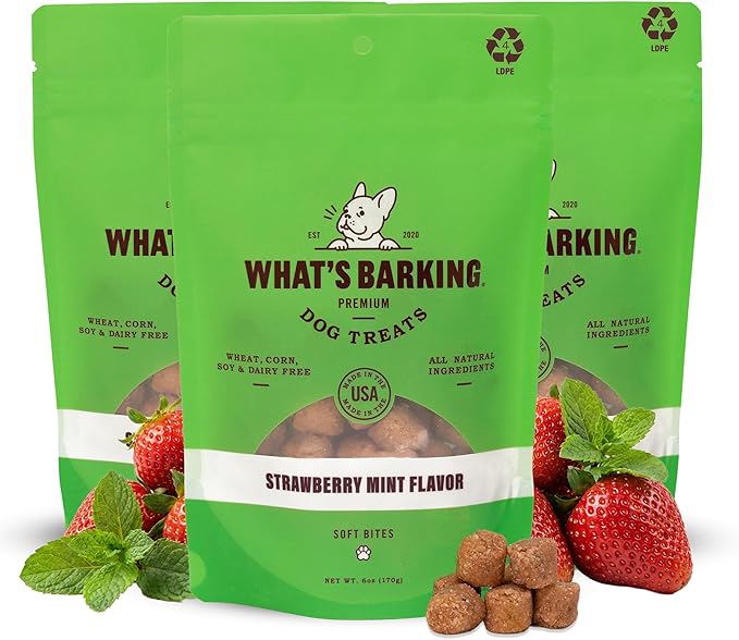 What's Barking Soft Bites, Soft Chewy Dog Treats for Training or Snacking, Pet Essentials, Bite Size Pieces for Dogs, Natural Ingredients, Made in USA, Resealable Bag (Pack of 3, Strawberry Mint)