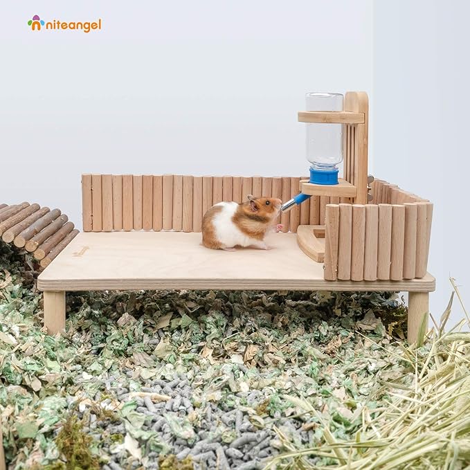 Niteangel Hamster Play Wooden Platform for Putting Small Animal's Food Bowl Drinking Bottle and Other cage Accessories (Rectangle - 7" Height)