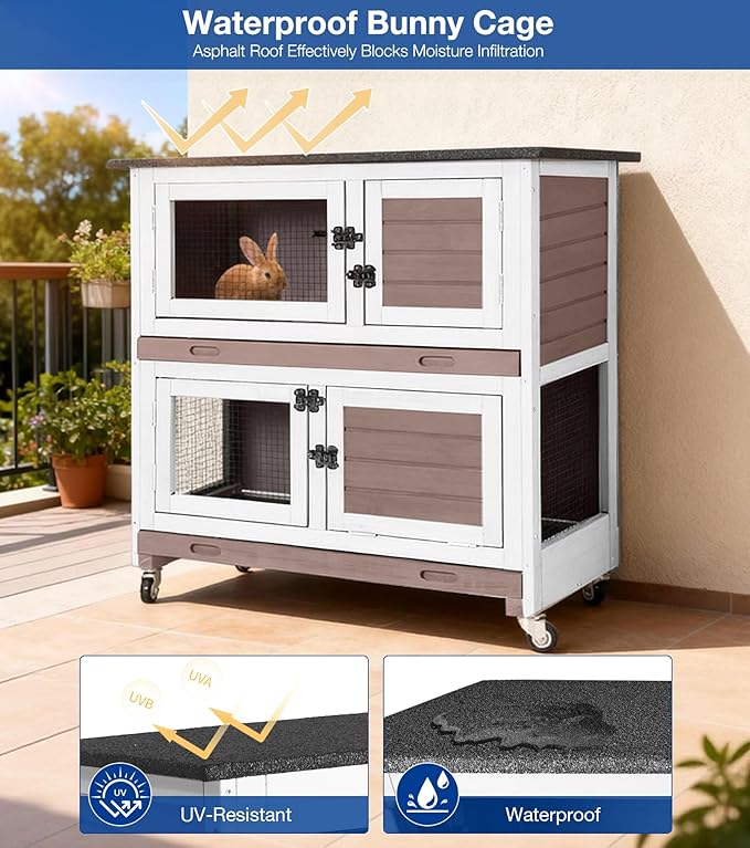 2-Story Rabbit Hutch Indoor Outdoor with Wheels, Bunny Cage with Slip-Proof Ramp, Guinea Pigs Cage with Waterproof Roof & Easy-Clean Tray, Multi-Access Doors, 36" - Brown