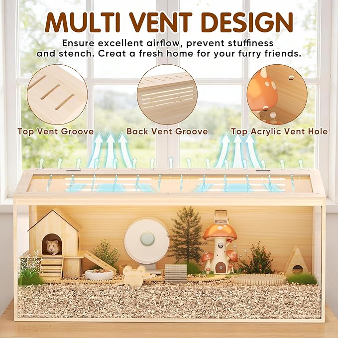 Wooden Hamster Cage, 40inch Large Hamster Cage Enclosure with Openable Top & Thickened Acrylic for Small Animals, Guinea Pig, Rabbit, Rat, 40"L x 20''W x 20''H Hamster Habitat with Multi-vent