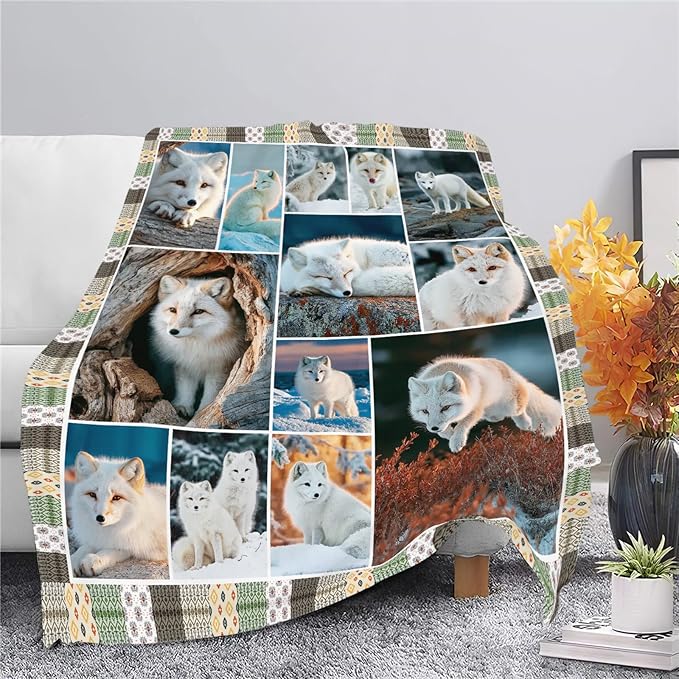 Fox Throw Blanket White Fox Stuff Gifts for Kids Girls Boys Adults Women Men Soft Cozy Warm Plush Fluffy Fuzzy Fleece Blanket Decor 40''X50''