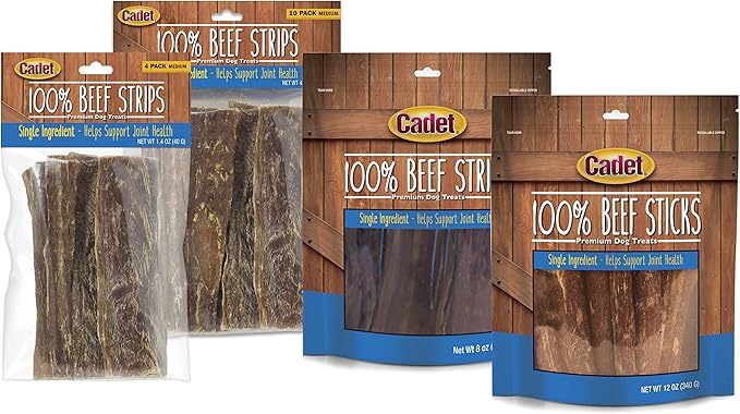 Cadet 100% Beef Strips Dog Chew Sticks, Long-Lasting Single-Ingredient Natural Treats, High-Protein, Perfect for Small & Large Breeds, 12 oz