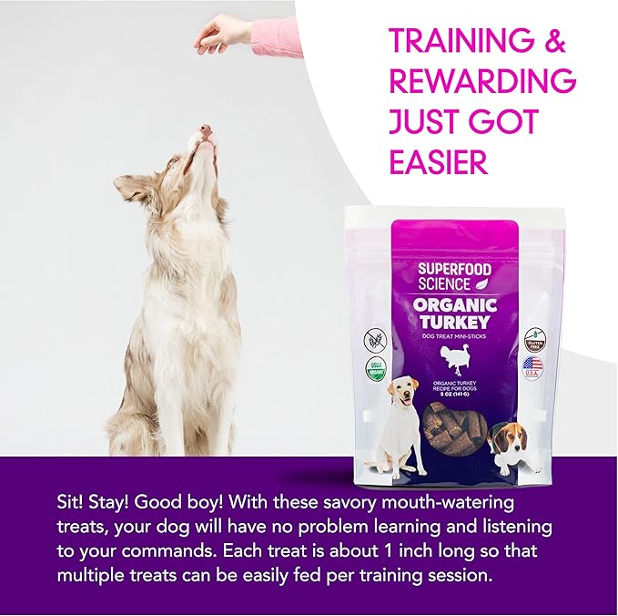 Organic Dog Treats, Soft & Chewy Organic Turkey Dog Treats, Low Calorie Hypoallergenic Natural Limited Ingredient Training Treats, Puppies & All Dog Sizes, Made in USA, for Sensitive Stomachs, 5 oz