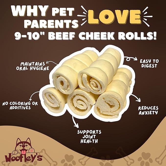 Woofley's 9-10" Buffalo Beef Cheek Roll - (5 Count)- Beef Cheek Rolls for Dogs - Long Lasting Natural Dog Chews