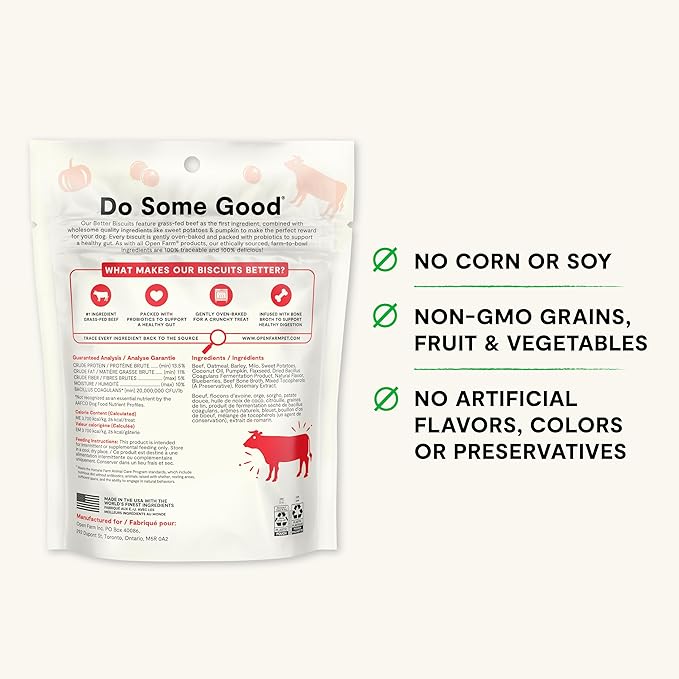 Open Farm Better Biscuits, Oven Baked Dog Treats with Probiotics, Grass-Fed Beef & Oatmeal Recipe, 8oz Pouch