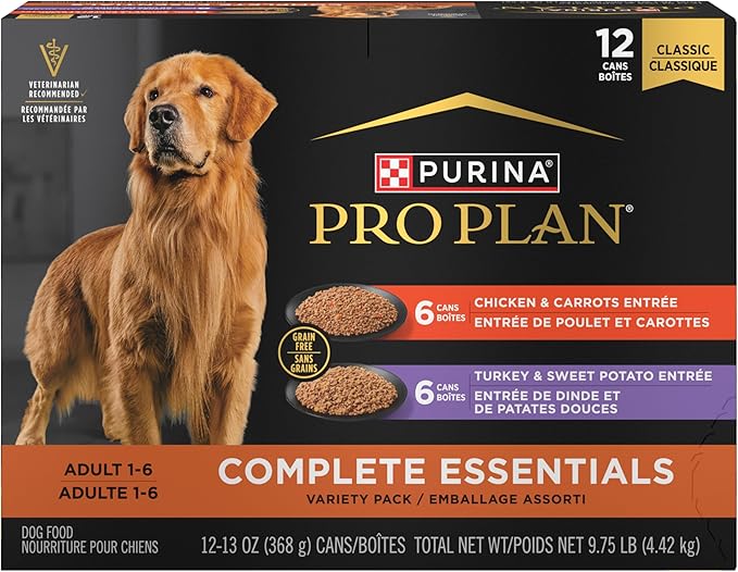 Purina Pro Plan Wet Dog Food Grain Free Complete Essentials Variety Pack, Chicken and Carrots and Turkey and Sweet Potato Entrees - (Pack of 12) 13 oz. Cans