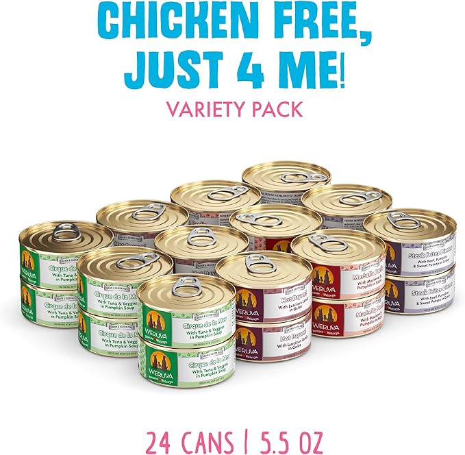 Weruva Classic Dog Food, Variety Pack, Chicken Free, Just 4 Me, Wet Dog Food, 5.5oz Cans (Pack of 24)