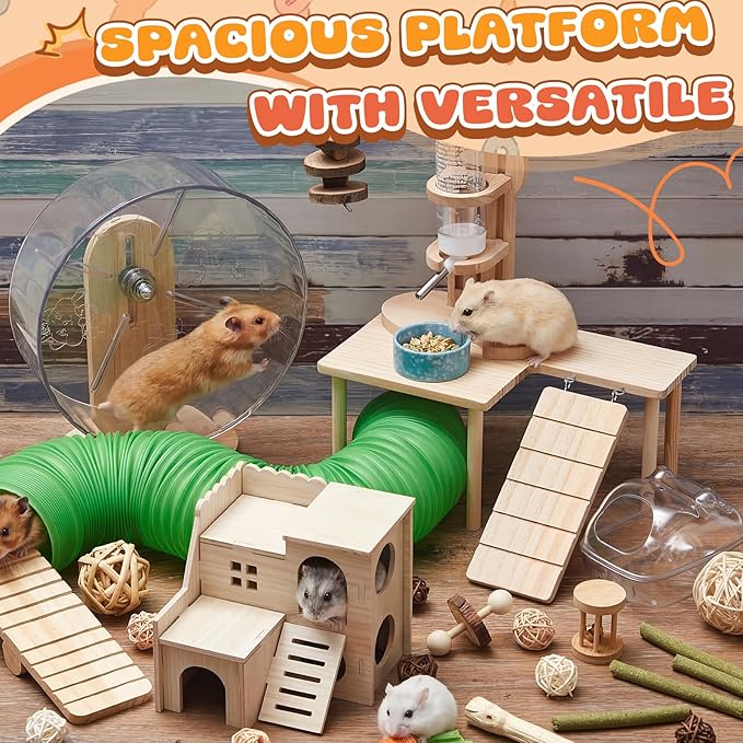 40 Pcs Hamster Cage Accessories, 9.5'' Exercise Wheel, Wood Platform Hideout House, Water Bottle, Sand Bath, Bowl, Chew Toys for Syrian Hamsters Mice Gerbils Habitat Decor(Fun Style)