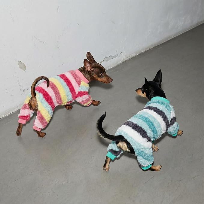 Fitwarm Fuzzy Striped Dog Fleece Pajamas, Warm Winter Clothes for Small Dogs Boy Girl, Cozy Pet Onesie with Feet, Light Sea Green, Black, White, XXL