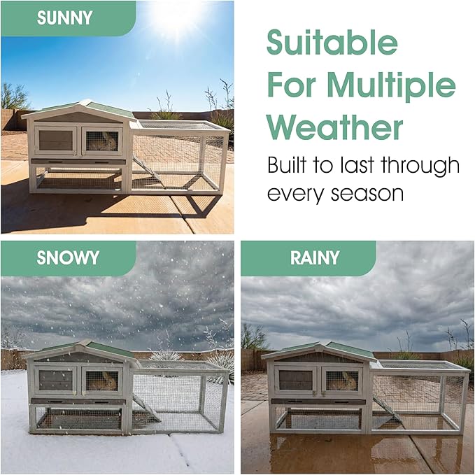 Garvee Wooden Rabbit Hutch Indoor and Outdoor, Rabbit Cage with Removable Wire Netting and Leak Proof Tray, Weatherproof Bunny Cage with Anti-Chew Metal Frame Ramp for Small Animals Grey