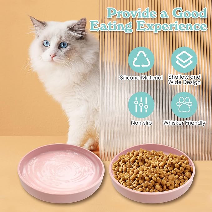 Silicone Cat Food Bowl Shallow Dishes 5.9in Wide Cats Bowls Kitty Plates Relief Whisker Fatigue Puppy Feeding Bowl for Dry Food and Wet Food Indoor (Round Pink)
