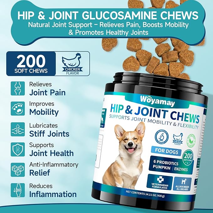 Glucosamine for Dogs, 200pcs Dog Hip and Joint Supplement Dogs with, MSM, Chondroitin, Vitamins C & E, Dog Joint Supplement Large Breed, Dog Joint Chew Treats, Chicken Flavor