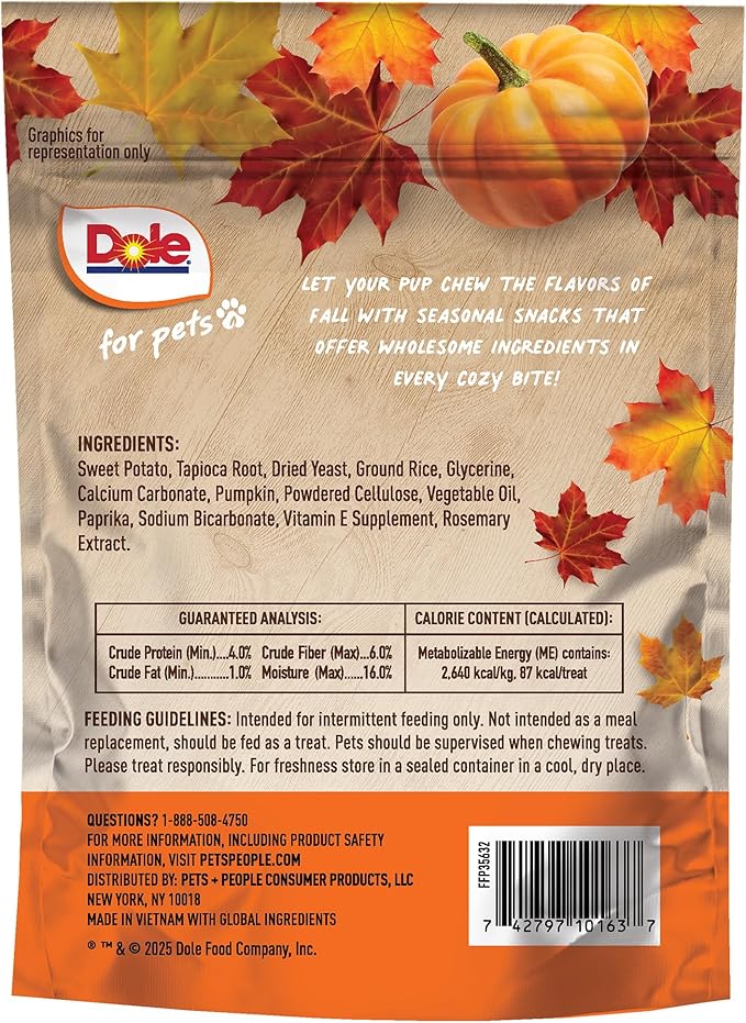 Dole for Pets Pup-kin Spice Dog Chews, Fall Pumpkin Flavored Dog Treats with Real Fruit Flavor, No Artificial Colors Flavors or Preservatives, No Wheat Corn Soy, 7.5 Oz Bag