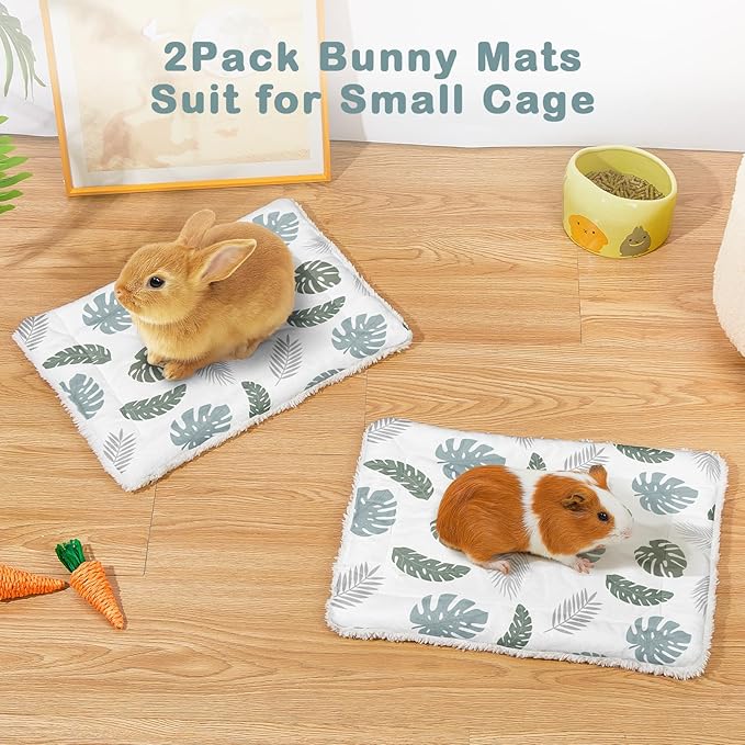 Glittme 2Pcs Bunny Bed Rabbit Bed for Indoor Cage Soft Guinea Pig Bed Fleece Mat Pad Warm Small Animal Bedding Accessories for Hamster Ferret Washable Non-Slip Rabbit Hide House Liner