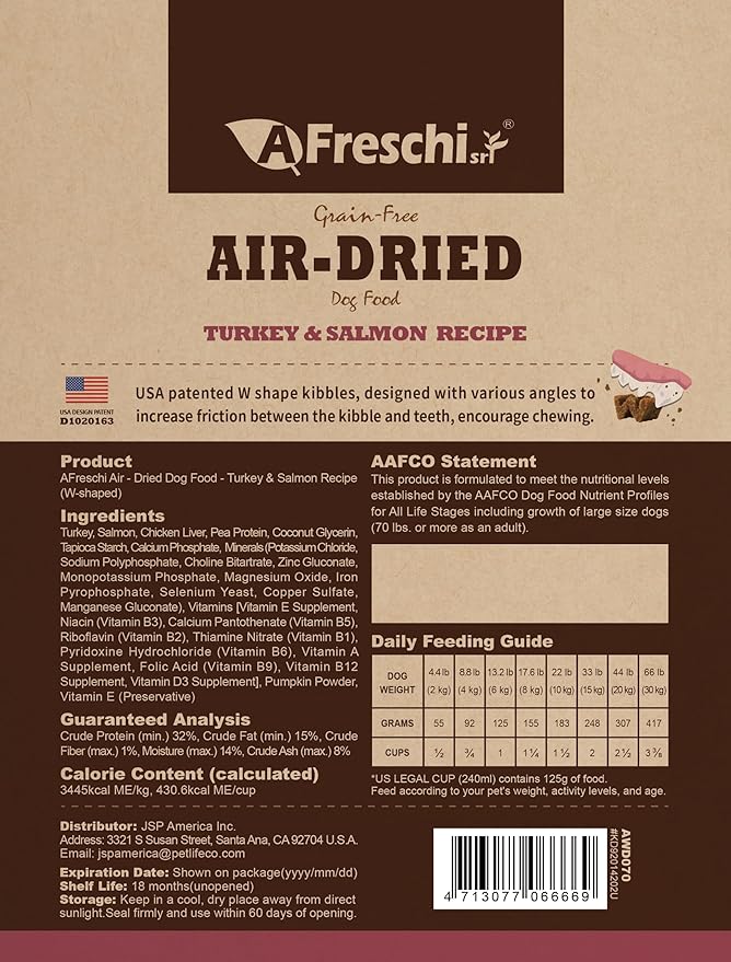 A Freschi srl Air-Dried Puppy & Adult Dog Food - Real Turkey & Salmon Recipe | Grain-Free | High-Protein for Toy, Small & Large Breeds | Ideal for Picky Eaters, 1 lb Starter Bag